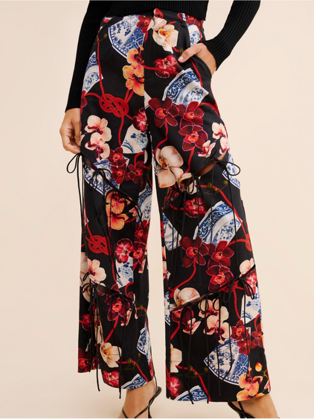 Allina Liu Twig Cutout Wide Leg Floral Cotton Pants size M